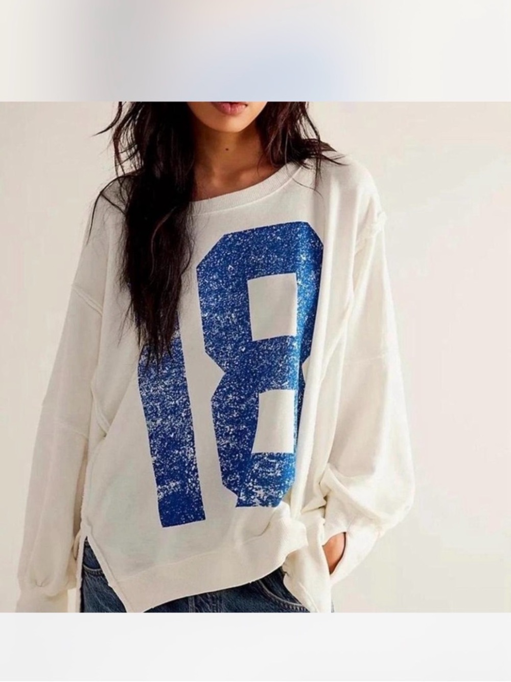 Free People White Camden Oversized Sweatshirt with Blue '18' Graphic